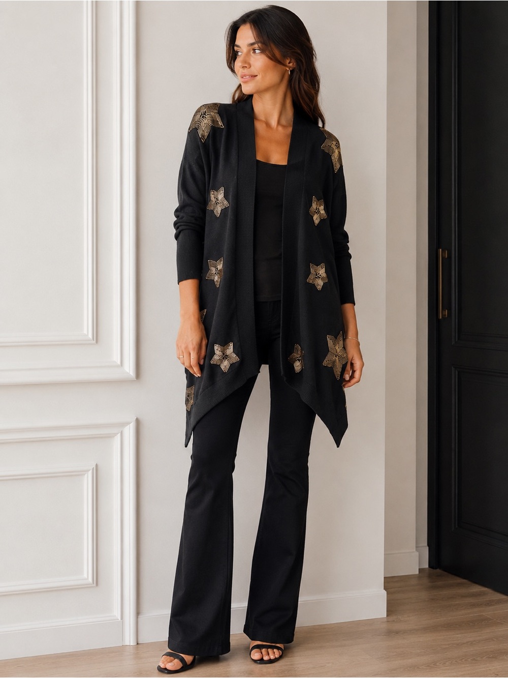 Vintage Michael Simon Black Open-Front Gold Star Embroidered Cardigan Size S